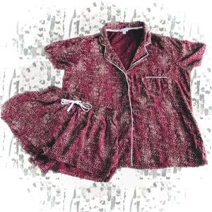 SPLENDID | S | Woven Drawstring Mini Shorts & Top PJ Set in Speckled Dots Maroon